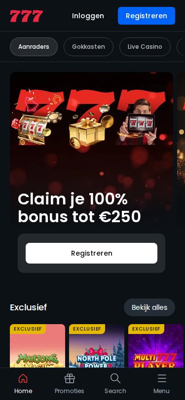 Casino777 mobiele lobby screenshot