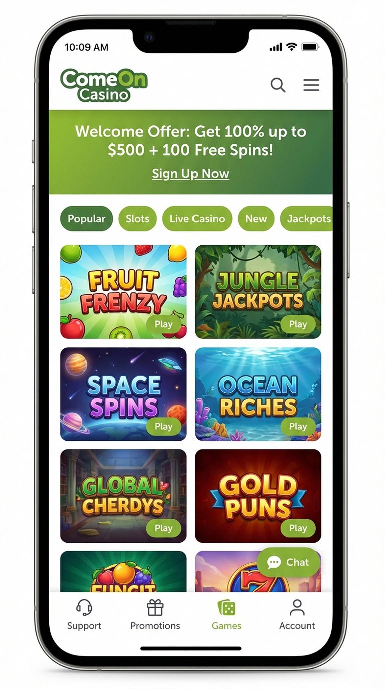 ComeOn Casino mobiele lobby screenshot