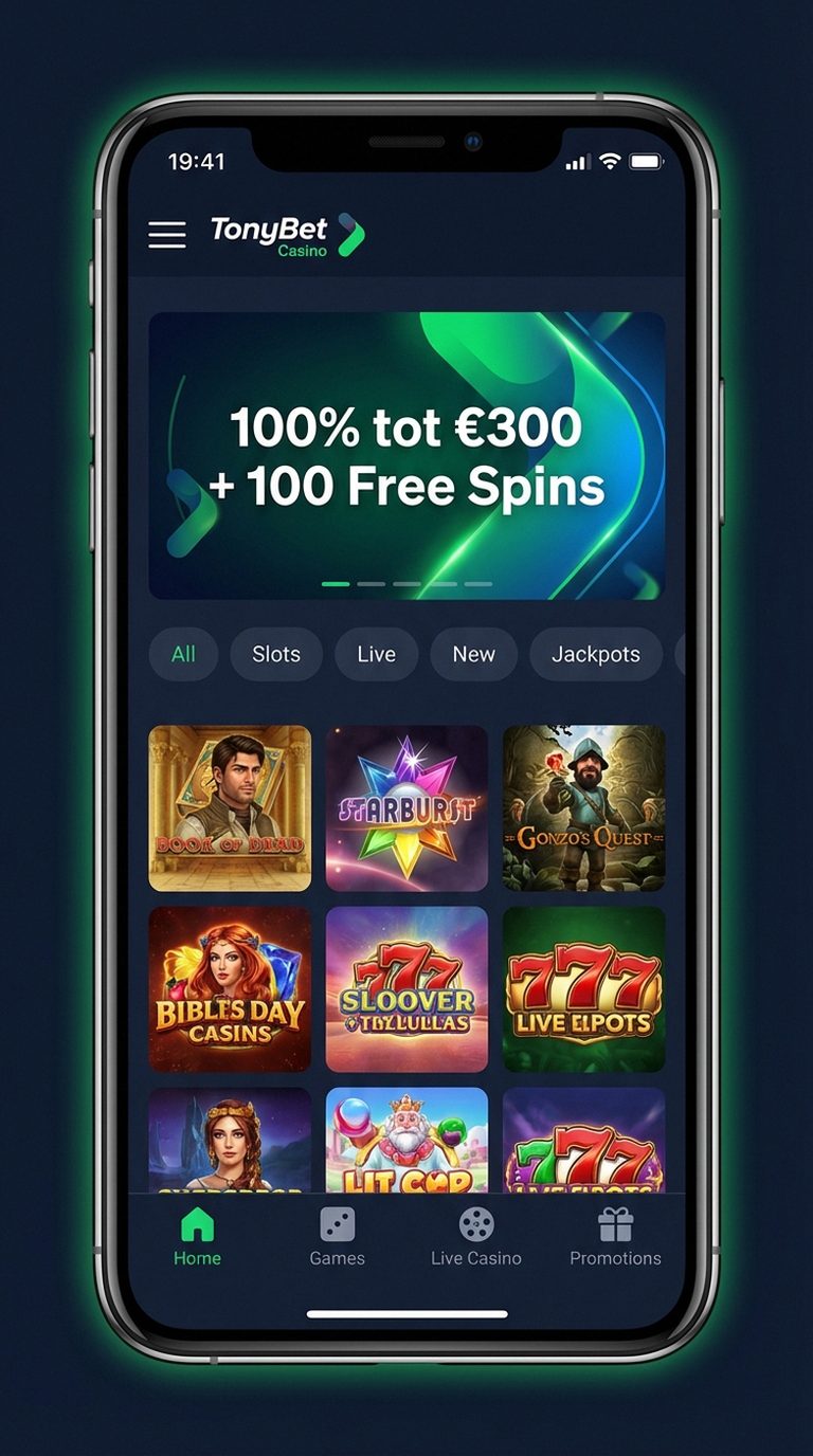 TonyBet Casino mobiele lobby - responsive design op smartphone
